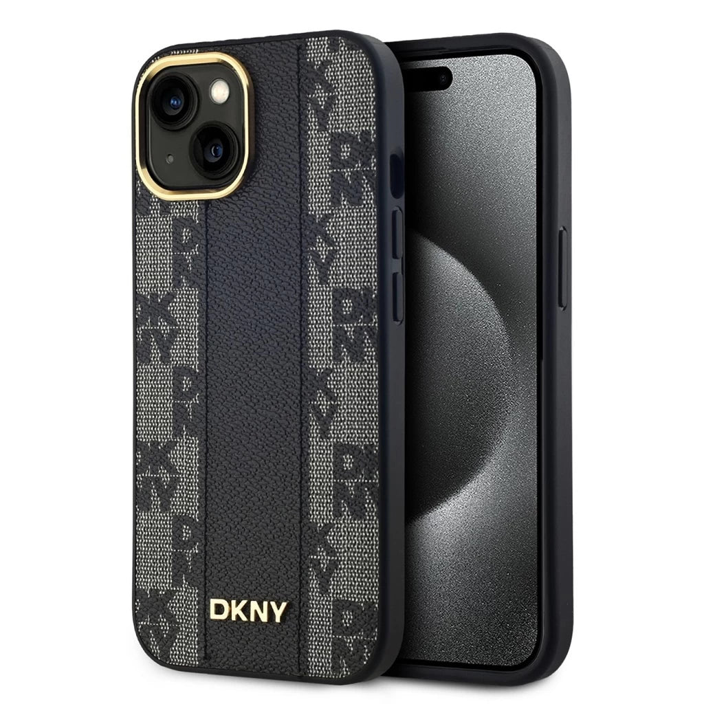 DKNY PU Leather Checkered Pattern Magsafe tok iPhone 15 készülékhez fekete - iPhone 15 tok a Domshop kínálatából