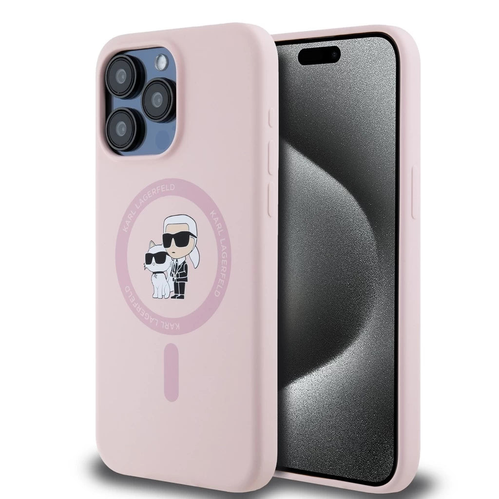 Karl Lagerfeld Liquid Silicone Karl and Choupette MagSafe tok iPhone 15 Pro készülékhez rózsaszín