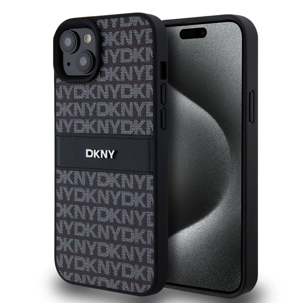 DKNY PU Leather Repeat Pattern Tonal Stripe tok iPhone 15 Plus készülékhez fekete - iPhone 15 Plus tok a Domshop kínálatából