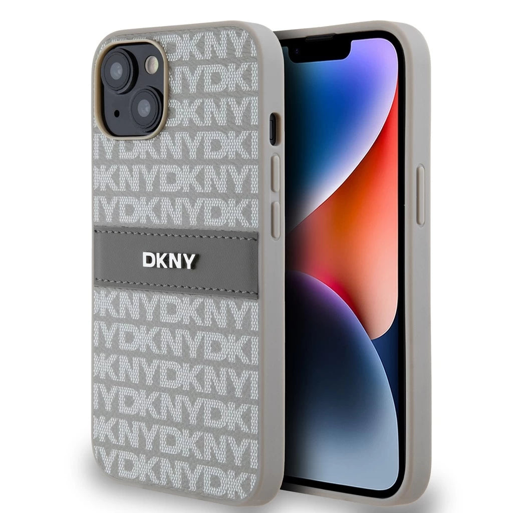 DKNY PU Leather Repeat Pattern Tonal Stripe tok iPhone 14 készülékhez bézs - iPhone 13/14 tok a Domshop kínálatából