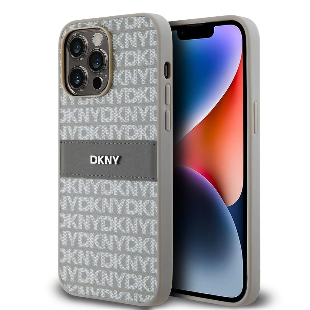 DKNY PU bőr Repeat Pattern Tonal Stripe tok iPhone 14 Pro készülékhez bézs - iPhone 14 Pro tok a Domshop kínálatából