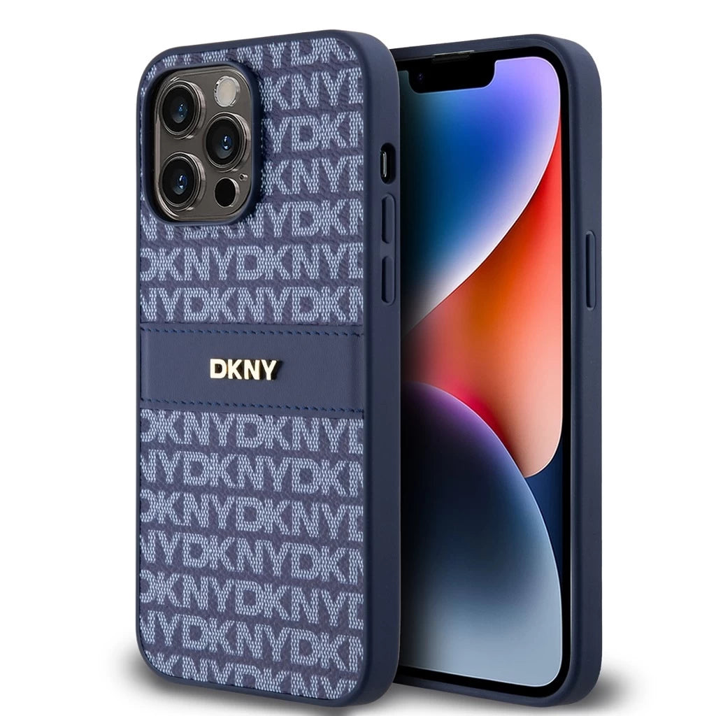DKNY PU Leather Repeat Pattern Tonal Stripe tok iPhone 14 Pro készülékhez kék - iPhone 14 Pro tok a Domshop kínálatából