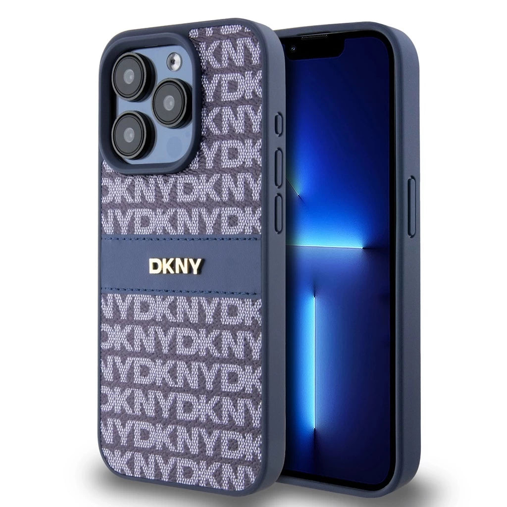 DKNY PU bőr Repeat Pattern Tonal Stripe tok iPhone 14 Pro Max készülékhez kék