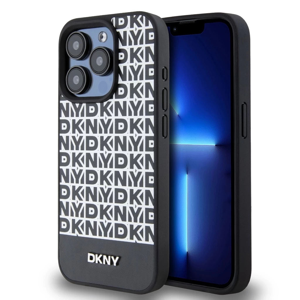 DKNY PU Leather Repeat Pattern Bottom Stripe MagSafe tok iPhone 12/12 Pro készülékhez fekete
