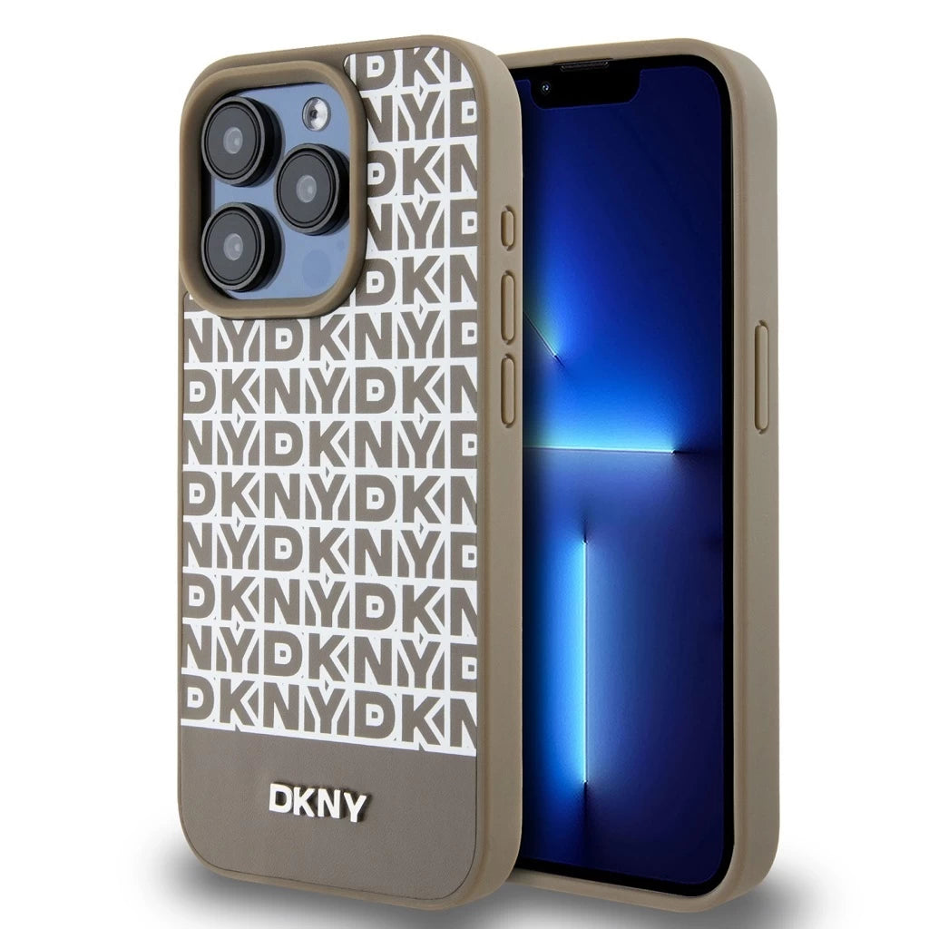 DKNY PU Leather Repeat Pattern Bottom Stripe MagSafe tok iPhone 14 Pro készülékhez barna