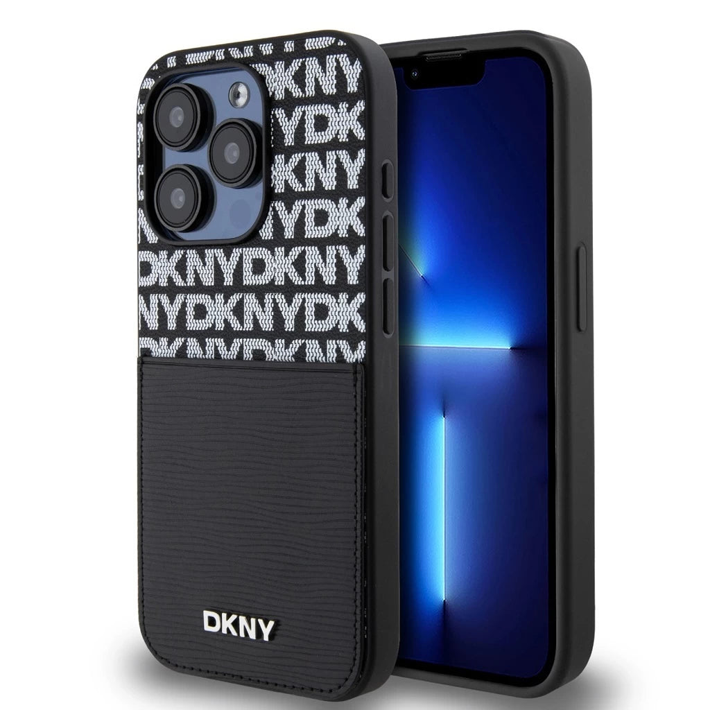 DKNY PU bőr Repeat Pattern Card Pocket tok iPhone 14 Pro készülékhez fekete - iPhone 14 Pro tok a Domshop kínálatából