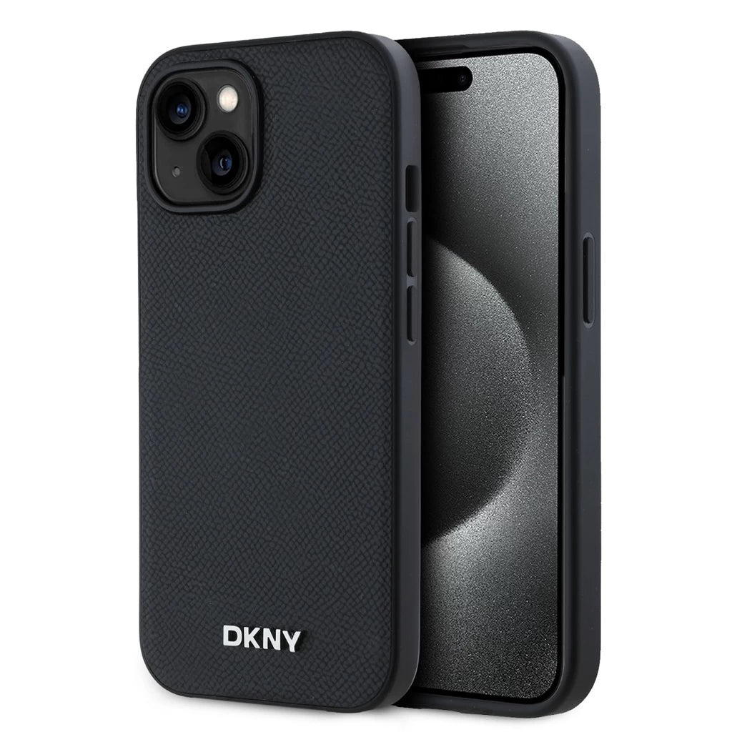DKNY PU bőr ezüst fém logó Magsafe tok iPhone 14 készülékhez fekete - iPhone 13/14 tok a Domshop kínálatából