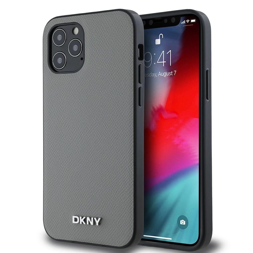 DKNY PU Leather Silver Metal Logo MagSafe tok iPhone 12/12 Pro készülékhez szürke - iPhone 12/12 Pro tok a Domshop kínálatából