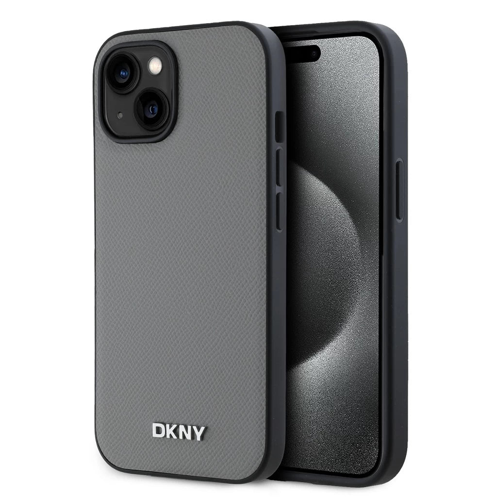 DKNY PU Leather Silver Metal Logo Magsafe tok iPhone 14 készülékhez szürke - iPhone 13/14 tok a Domshop kínálatából