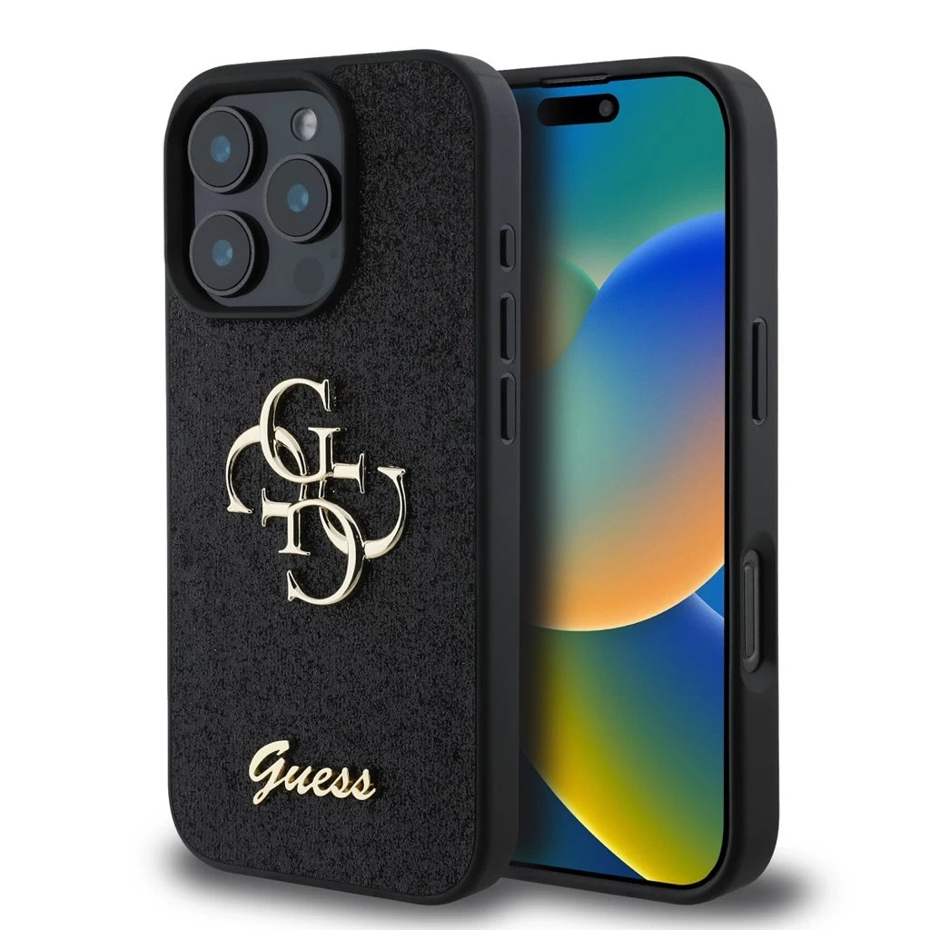 Guess PU Fixed Glitter 4G Metal Logo tok iPhone 16 Pro készülékhez fekete - iPhone 16 Pro tok a Domshop kínálatából