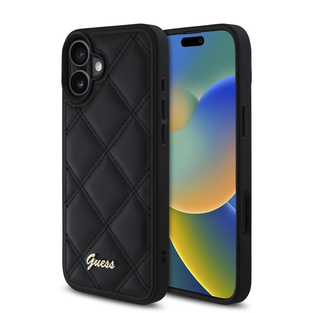 Guess PU Leather Quilted tok iPhone 16 Plus készülékhez fekete
