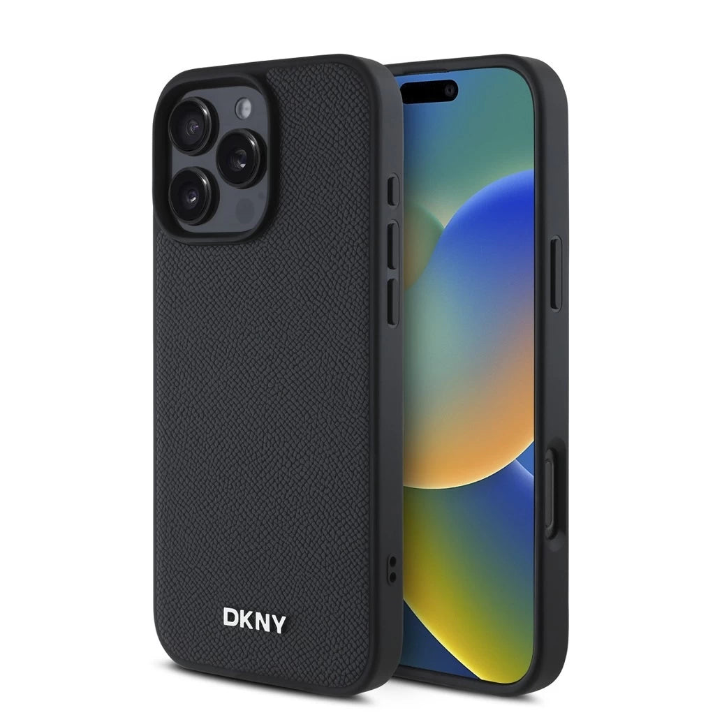DKNY PU bőr Silver Metal Logo Magsafe tok iPhone 16 Pro készülékhez fekete