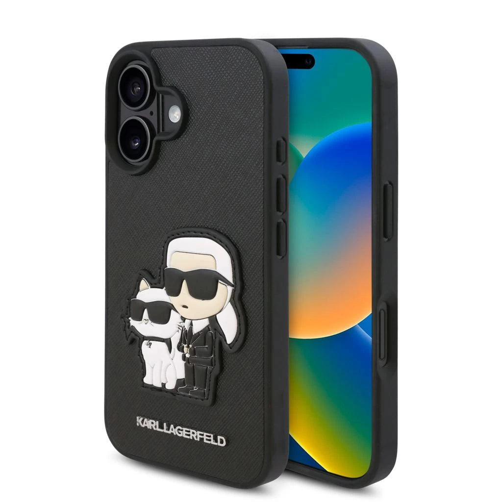Karl Lagerfeld PU Saffiano Karl and Choupette tok iPhone 16 Plus készülékhez fekete - iPhone 16 Plus tok a Domshop kínálatából