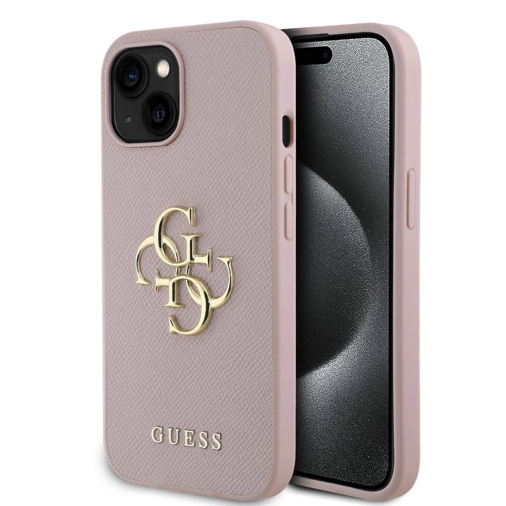Guess PU Grained 4G Metal Logo tok iPhone 15 készülékhez rózsaszín - iPhone 15 tok a Domshop kínálatából