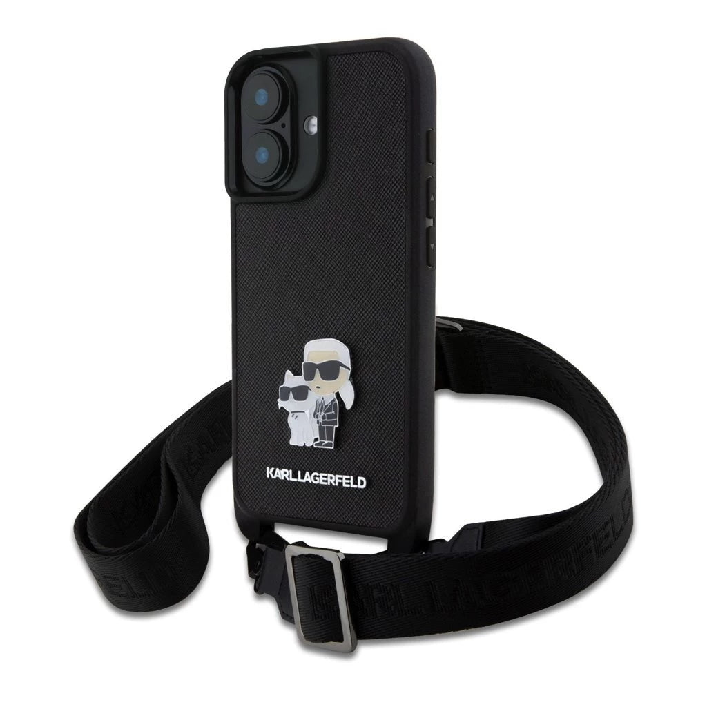 Karl Lagerfeld Saffiano Crossbody Strap Metal Karl and Choupette tok iPhone 16 Plus készülékhez fekete