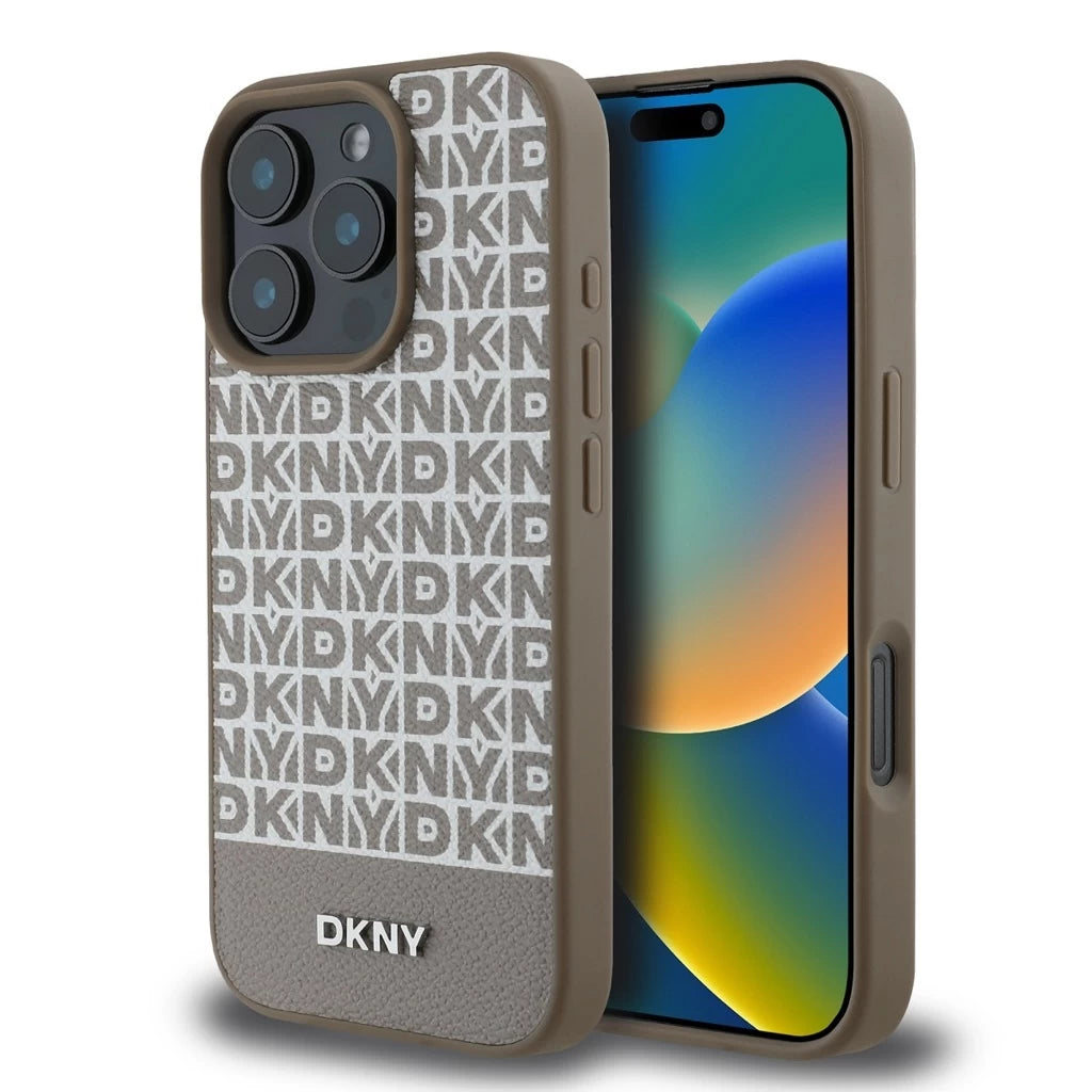 DKNY PU Leather Repeat Pattern Bottom Stripe MagSafe tok iPhone 16 Pro készülékhez barna - iPhone 16 Pro tok a Domshop kínálatából