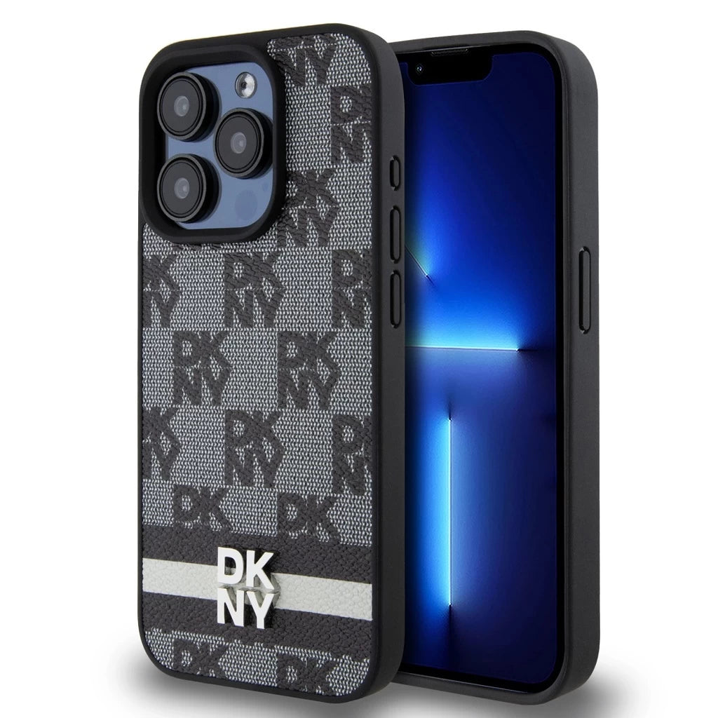 DKNY PU Leather Checkered Pattern and Stripe tok iPhone 13 Pro készülékhez fekete - iPhone 13 Pro tok a Domshop kínálatából
