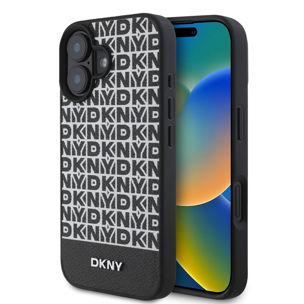 DKNY PU Leather Repeat Pattern Bottom Stripe MagSafe tok iPhone 16 Plus készülékhez fekete - iPhone 16 Plus tok a Domshop kínálatából