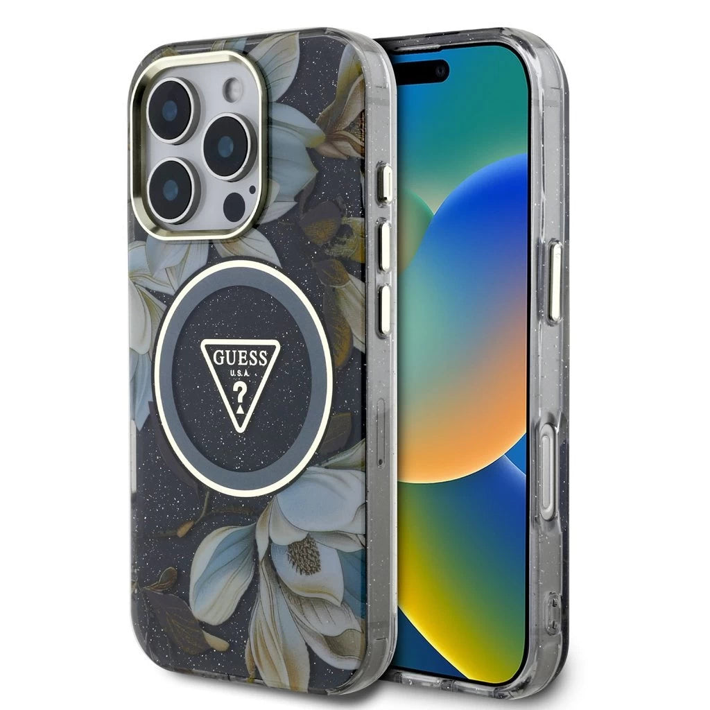 Guess IML Glitter Magnolia and Triangle Logo MagSafe tok iPhone 16 Pro készülékhez fekete - iPhone 16 Pro tok a Domshop kínálatából
