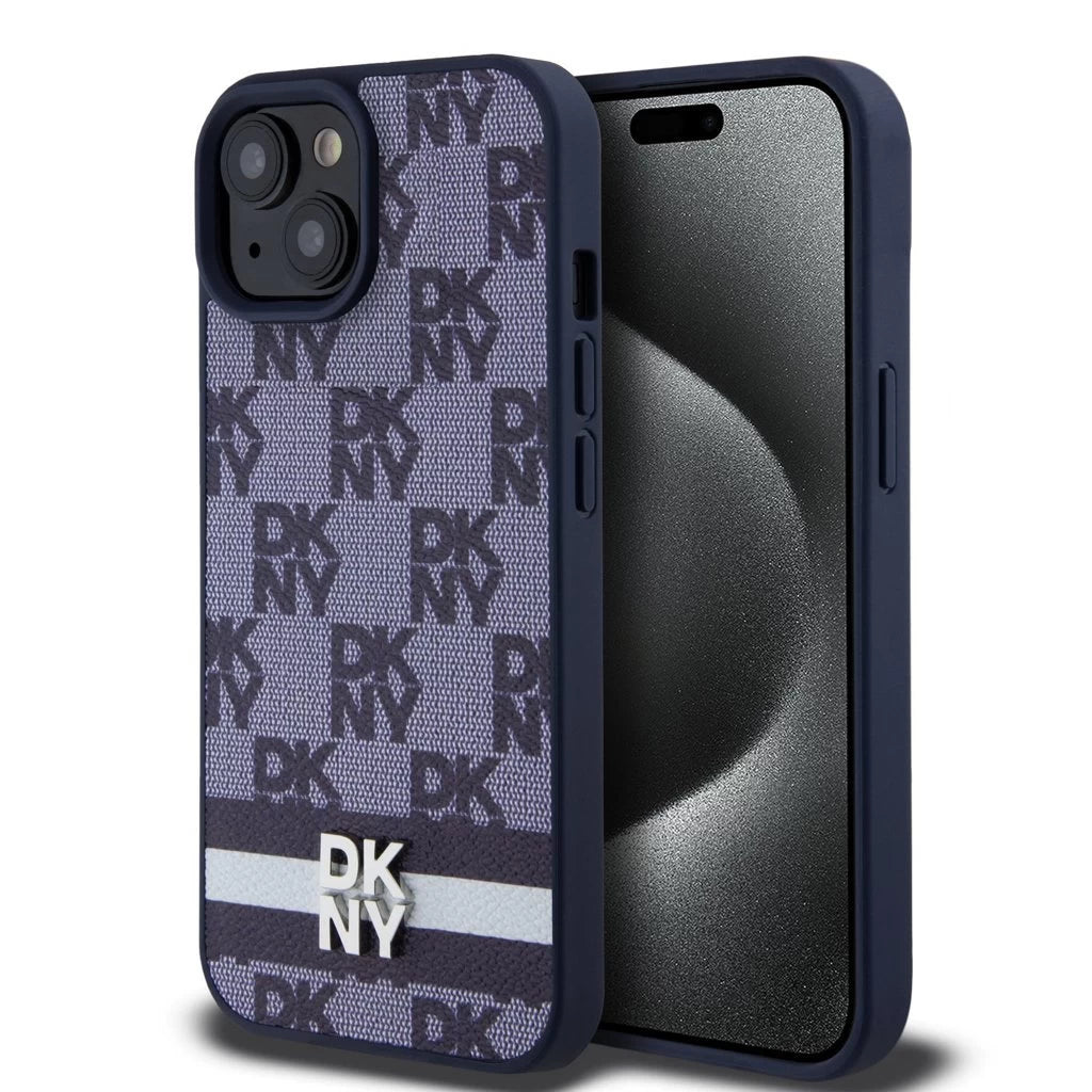 DKNY PU Leather Checkered Pattern and Stripe tok iPhone 15 készülékhez kék - iPhone 15 tok a Domshop kínálatából