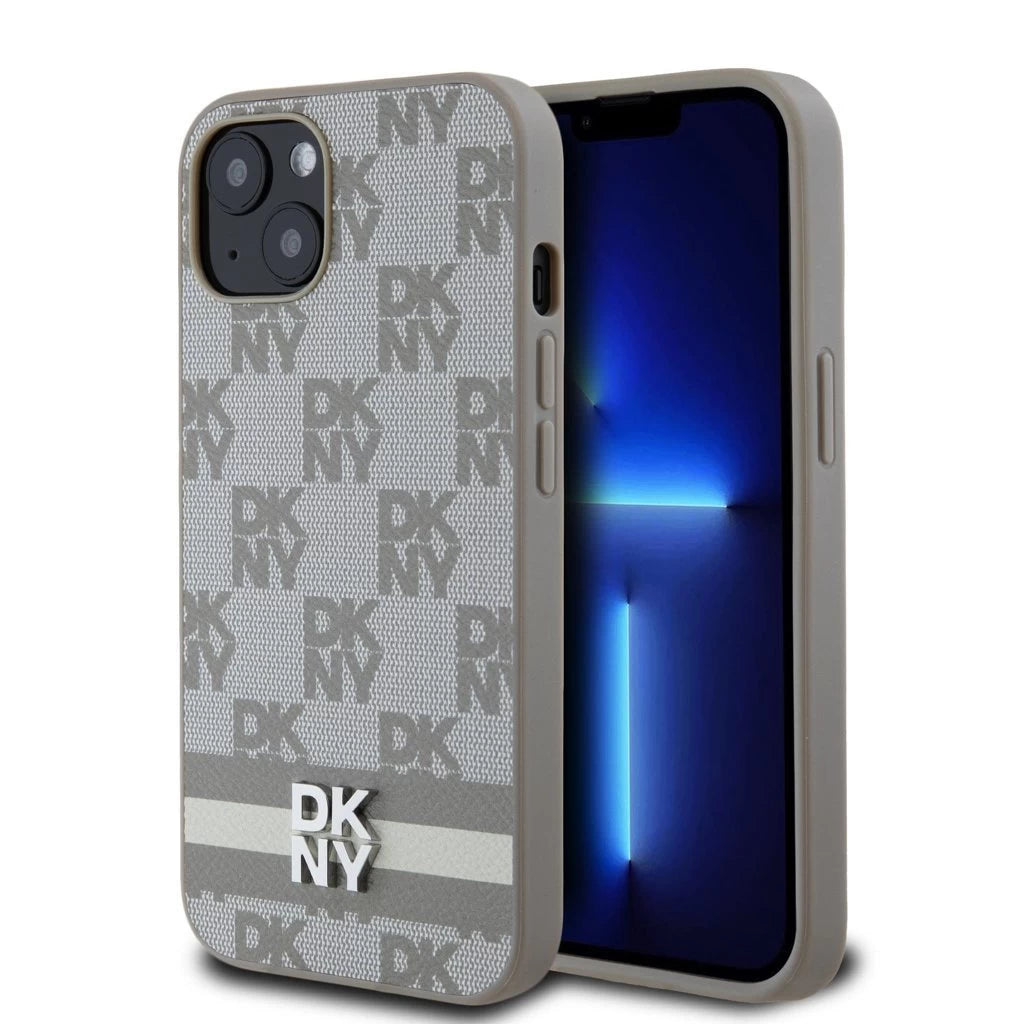 DKNY PU Leather Checkered Pattern and Stripe tok az iPhone 13 készülékhez bézs - iPhone 13/14 tok a Domshop kínálatából
