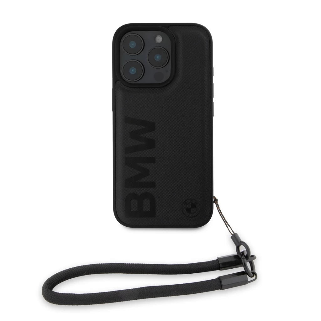 BMW Leather Signature and Strap tok iPhone 16 Pro készülékhez fekete