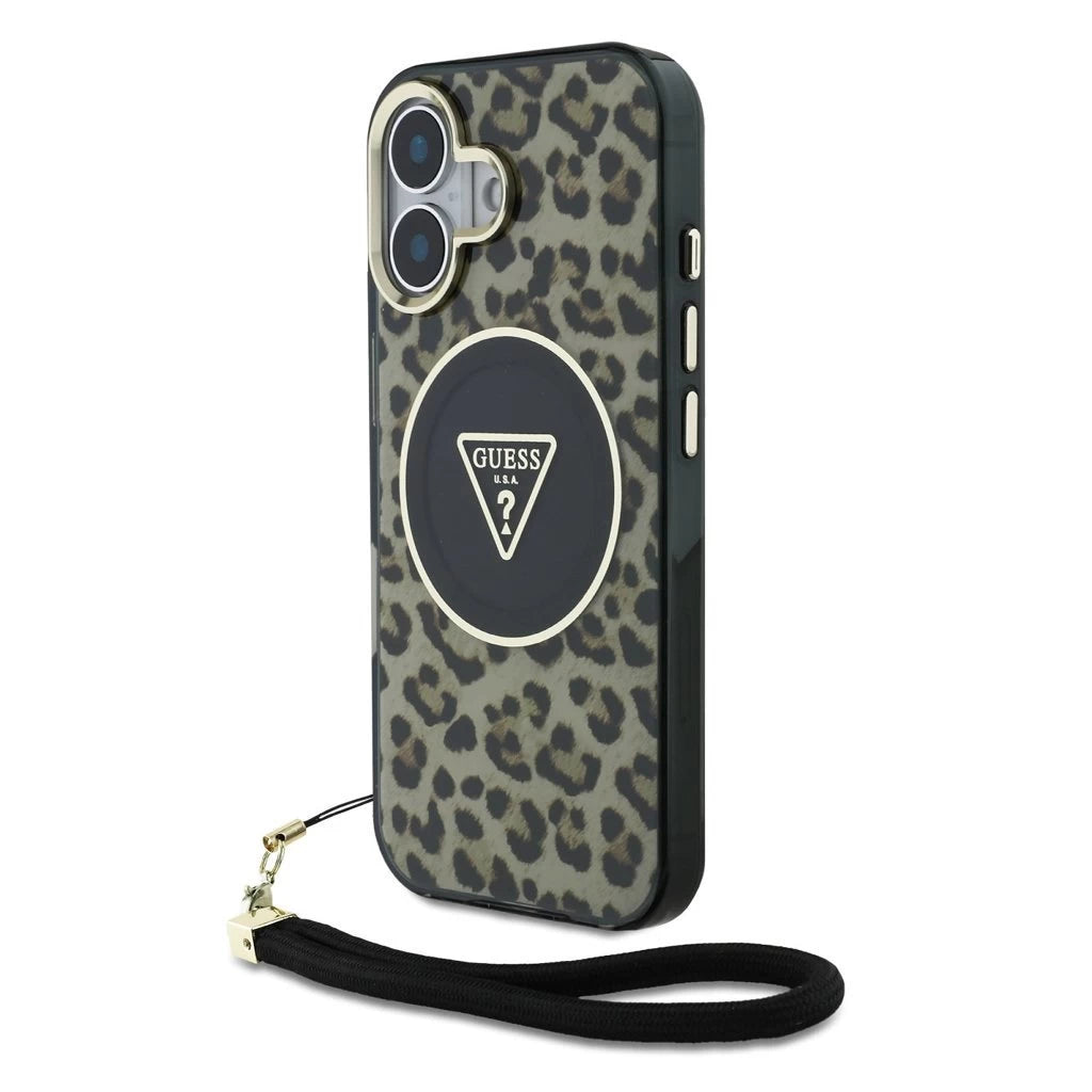 Guess IML Leopard Triangle Logo Strap MagSafe tok iPhone 16 készülékhez barna - iPhone 16 tok a Domshop kínálatából