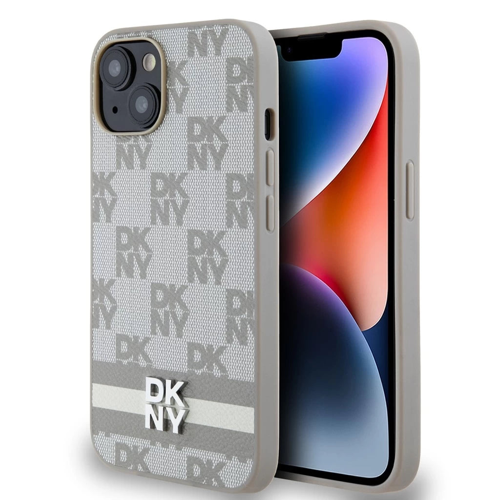 DKNY PU Leather Checkered Pattern and Stripe tok iPhone 15 készülékhez bézs - iPhone 15 tok a Domshop kínálatából