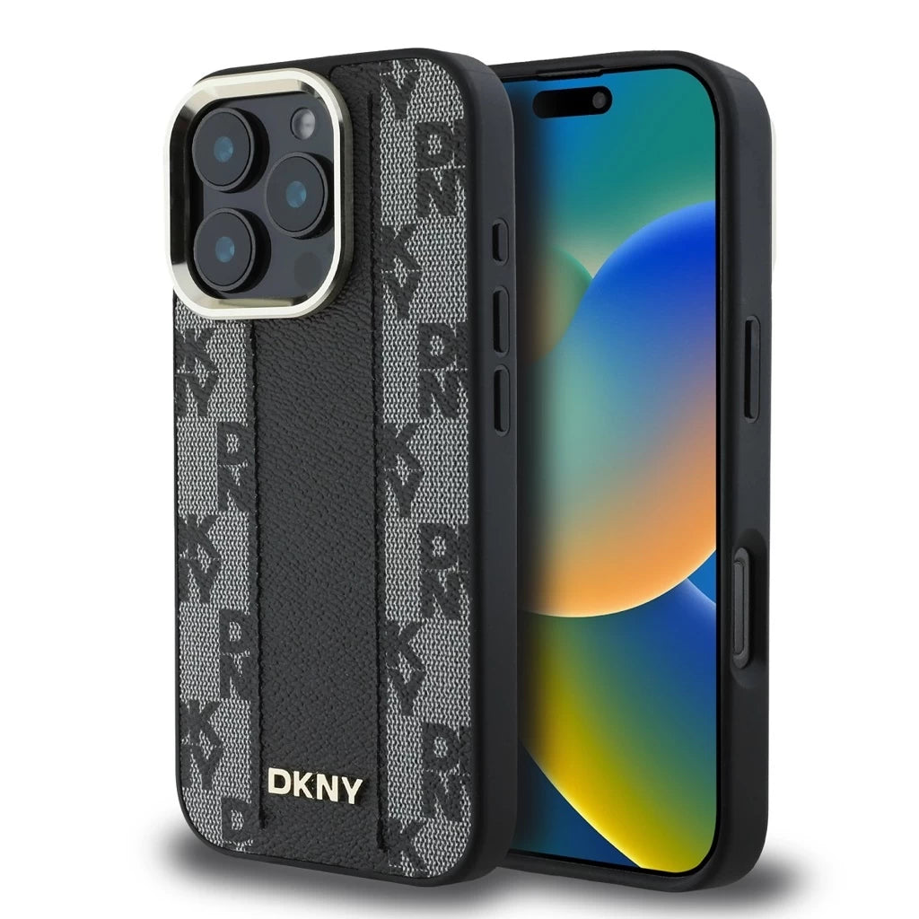 DKNY PU bőr sakktábla mintázatú Magsafe tok iPhone 16 Pro készülékhez fekete - iPhone 16 Pro tok a Domshop kínálatából