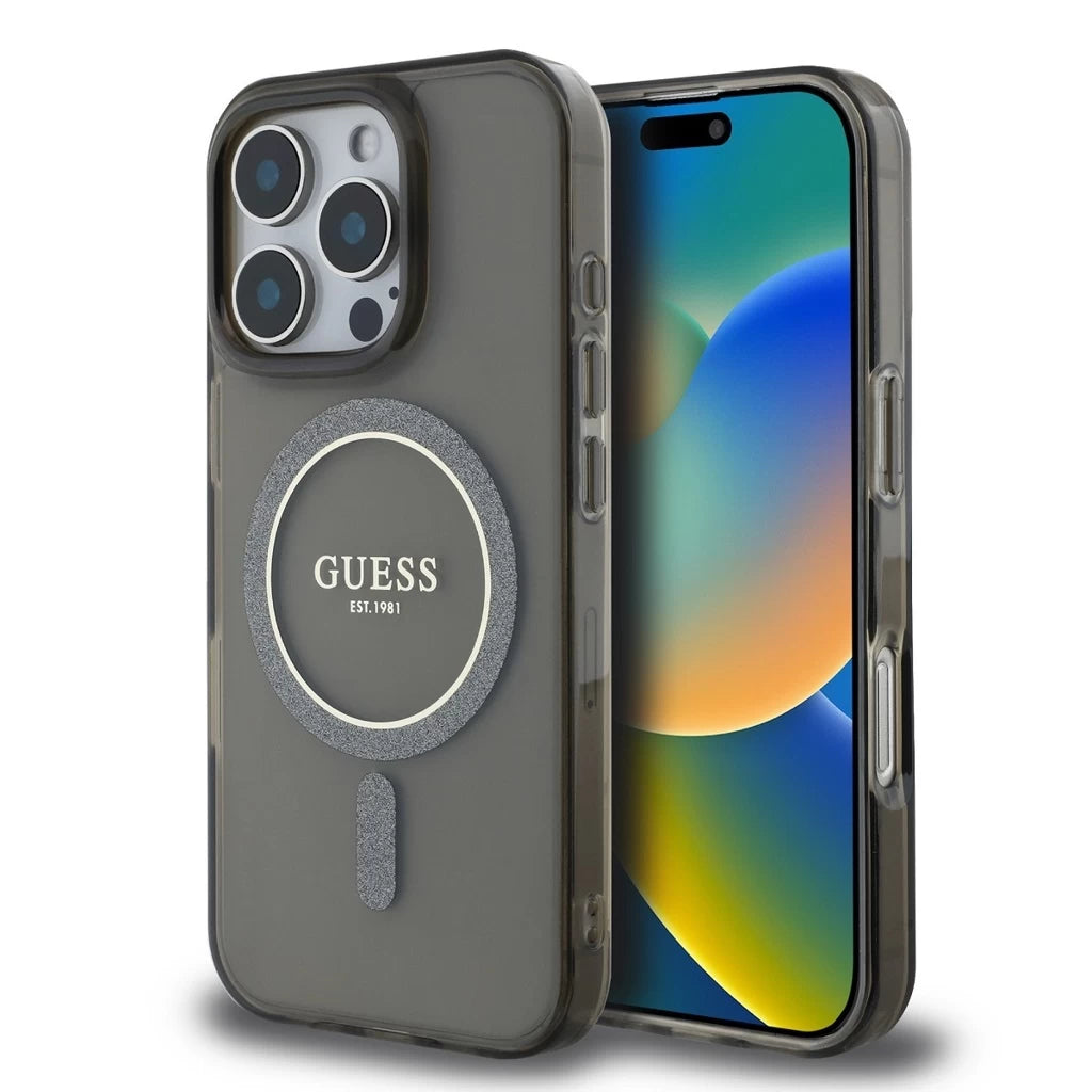 Guess IML Glitter Ring MagSafe tok iPhone 16 Pro készülékhez fekete - iPhone 16 Pro tok a Domshop kínálatából