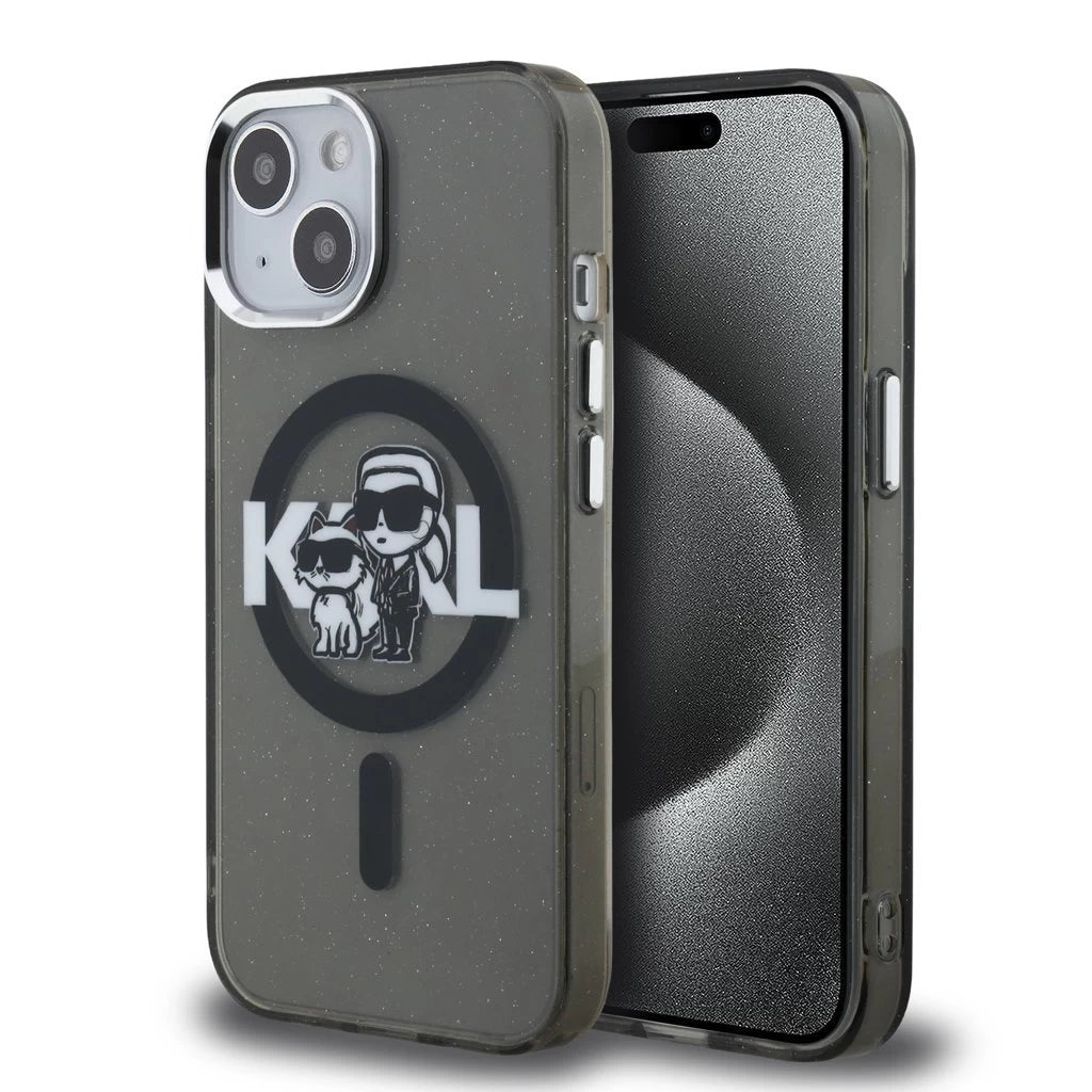Karl Lagerfeld IML Glitter Karl and Choupette Sketch MagSafe tok iPhone 15 készülékhez fekete