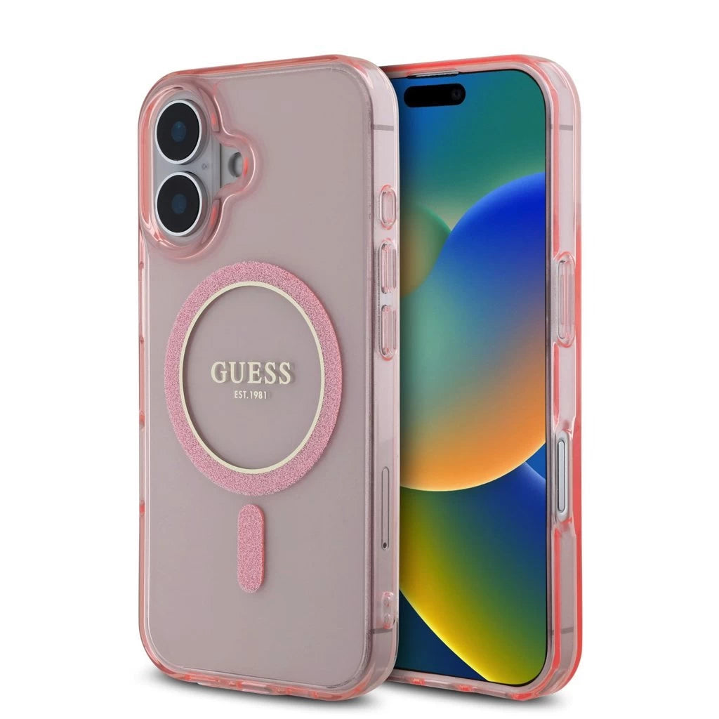 Guess IML Glitter Ring MagSafe tok iPhone 16 készülékhez rózsaszín - iPhone 16 tok a Domshop kínálatából