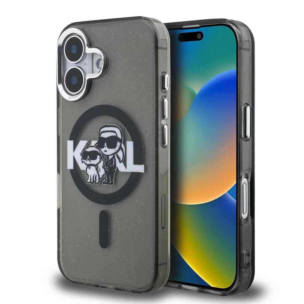 Karl Lagerfeld IML Glitter Karl and Choupette Sketch MagSafe tok iPhone 16 készülékhez fekete - iPhone 16 tok a Domshop kínálatából