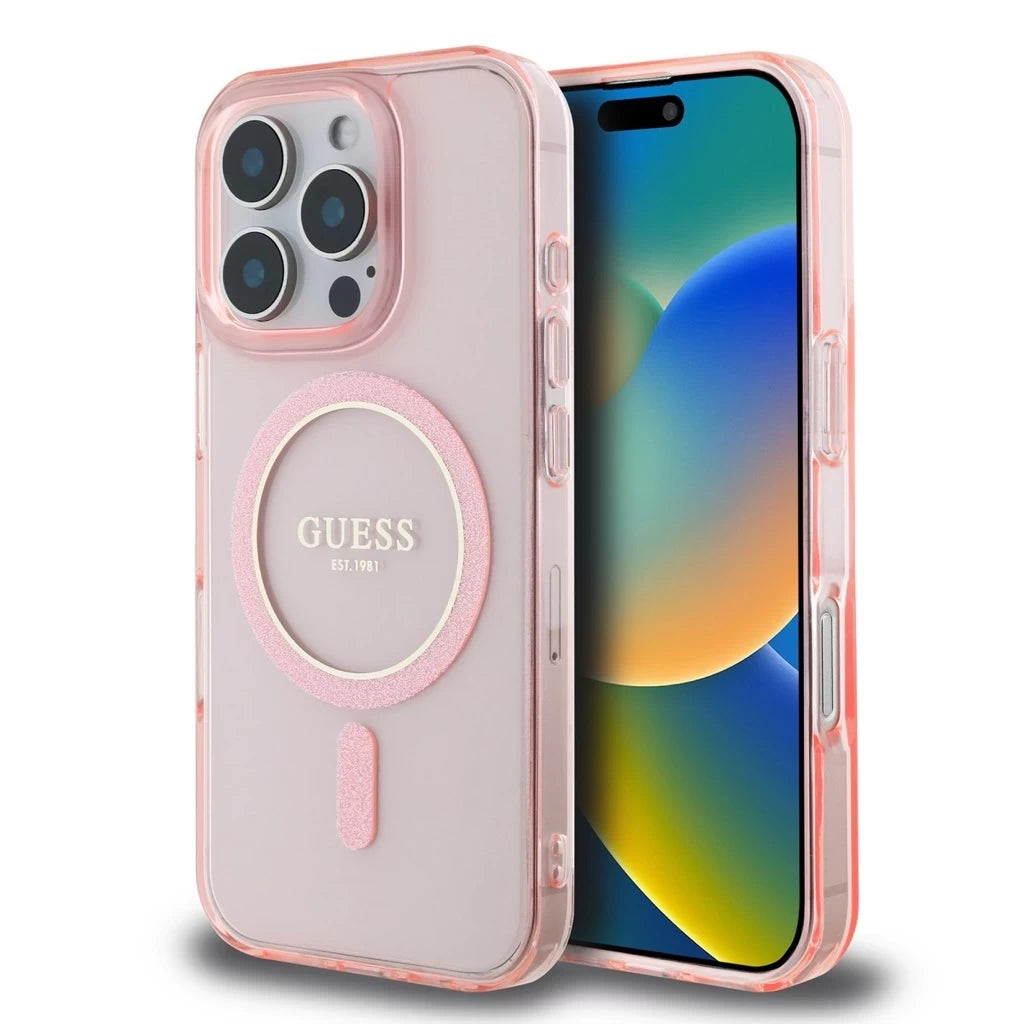 Guess IML Glitter Ring MagSafe tok iPhone 16 Pro készülékhez rózsaszín - iPhone 16 Pro tok a Domshop kínálatából