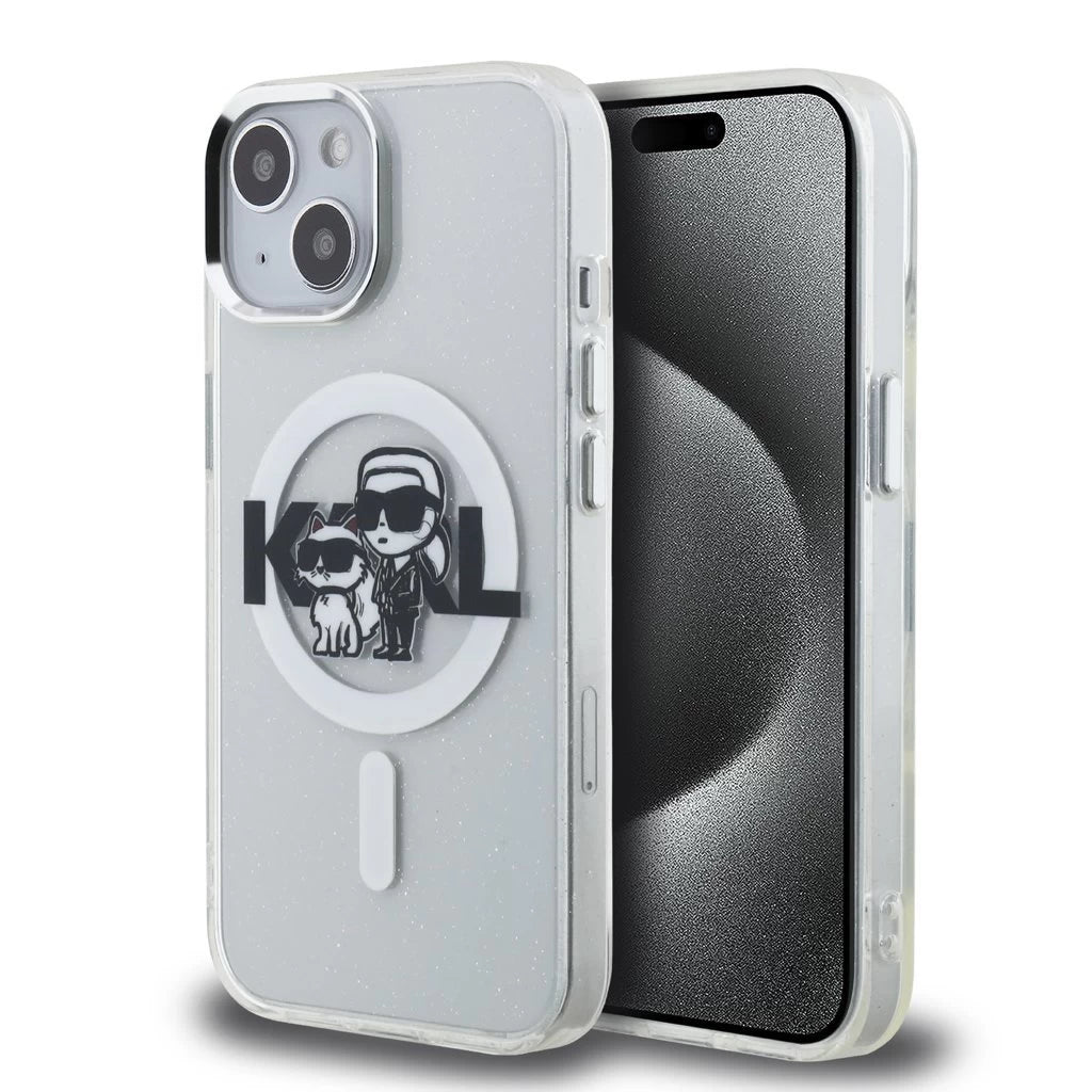 Karl Lagerfeld IML Glitter Karl and Choupette Sketch MagSafe tok iPhone 15 készülékhez átlátszó - iPhone 15 tok a Domshop kínálatából