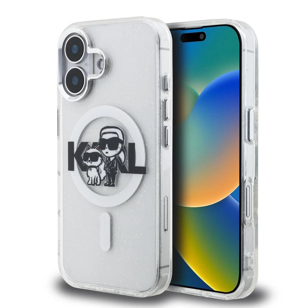 Karl Lagerfeld IML Glitter Karl and Choupette Sketch MagSafe tok iPhone 16 készülékhez átlátszó - iPhone 16 tok a Domshop kínálatából