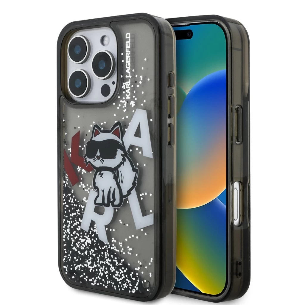 Karl Lagerfeld Liquid Glitter Scattered Choupette tok iPhone 16 Pro készülékhez fekete - iPhone 16 Pro tok a Domshop kínálatából