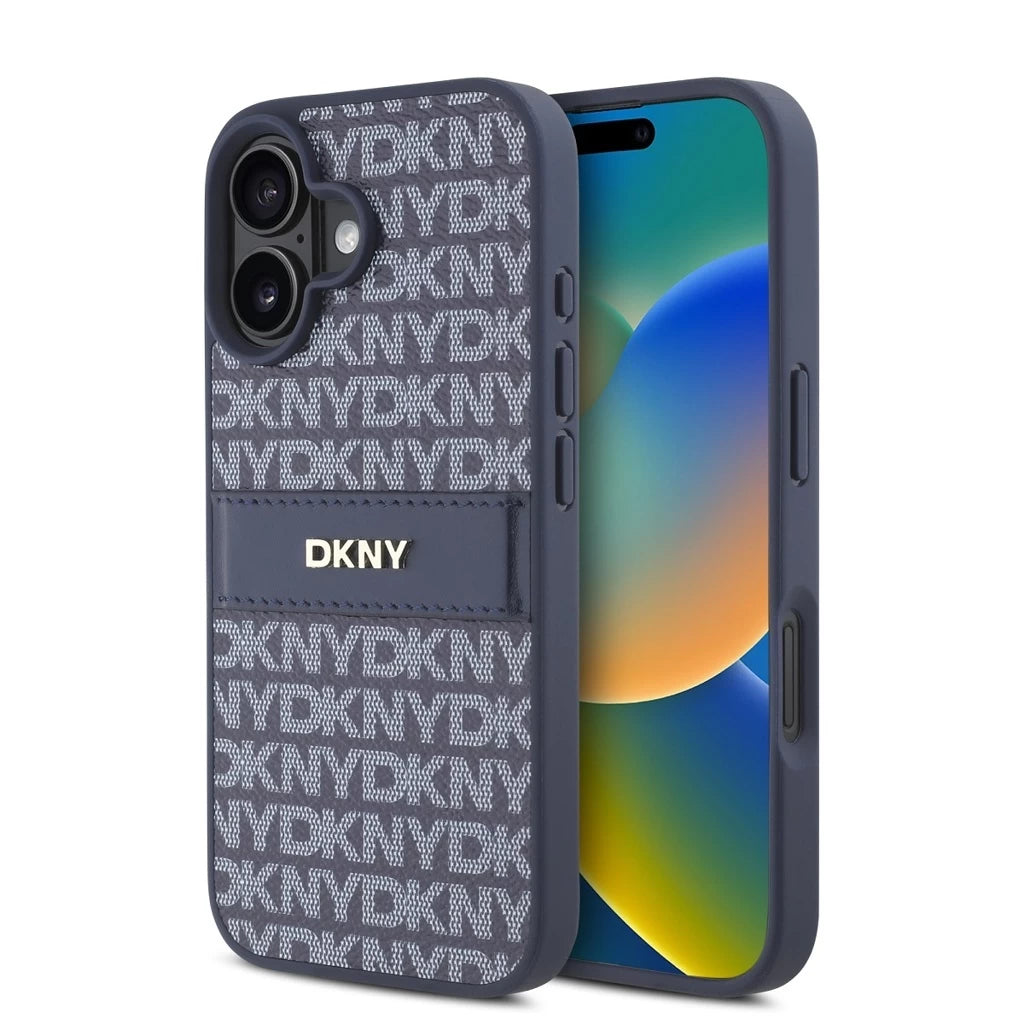DKNY PU Leather Repeat Pattern Tonal Stripe tok iPhone 16 készülékhez kék - iPhone 16 tok a Domshop kínálatából