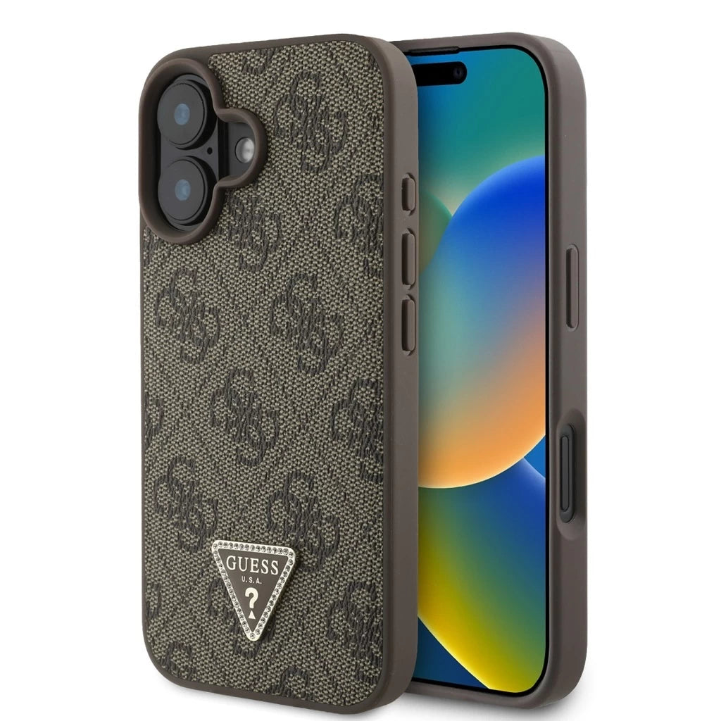 Guess PU 4G Strass Triangle Metal Logo tok iPhone 16 készülékhez barna - iPhone 16 tok a Domshop kínálatából