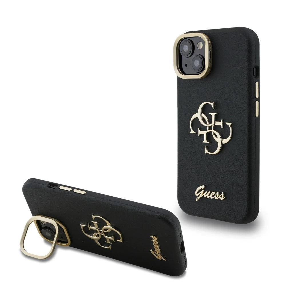 Guess PU Grained 4G Logo Stand Camera Frame tok iPhone 15 készülékhez fekete - iPhone 15 tok a Domshop kínálatából