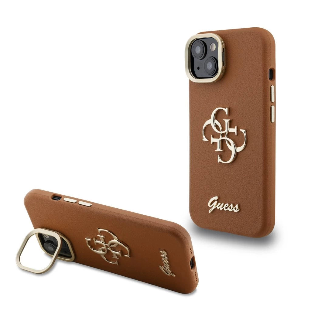 Guess PU Grained 4G Logo Stand Camera Frame tok iPhone 14 készülékhez barna - iPhone 13/14 tok a Domshop kínálatából