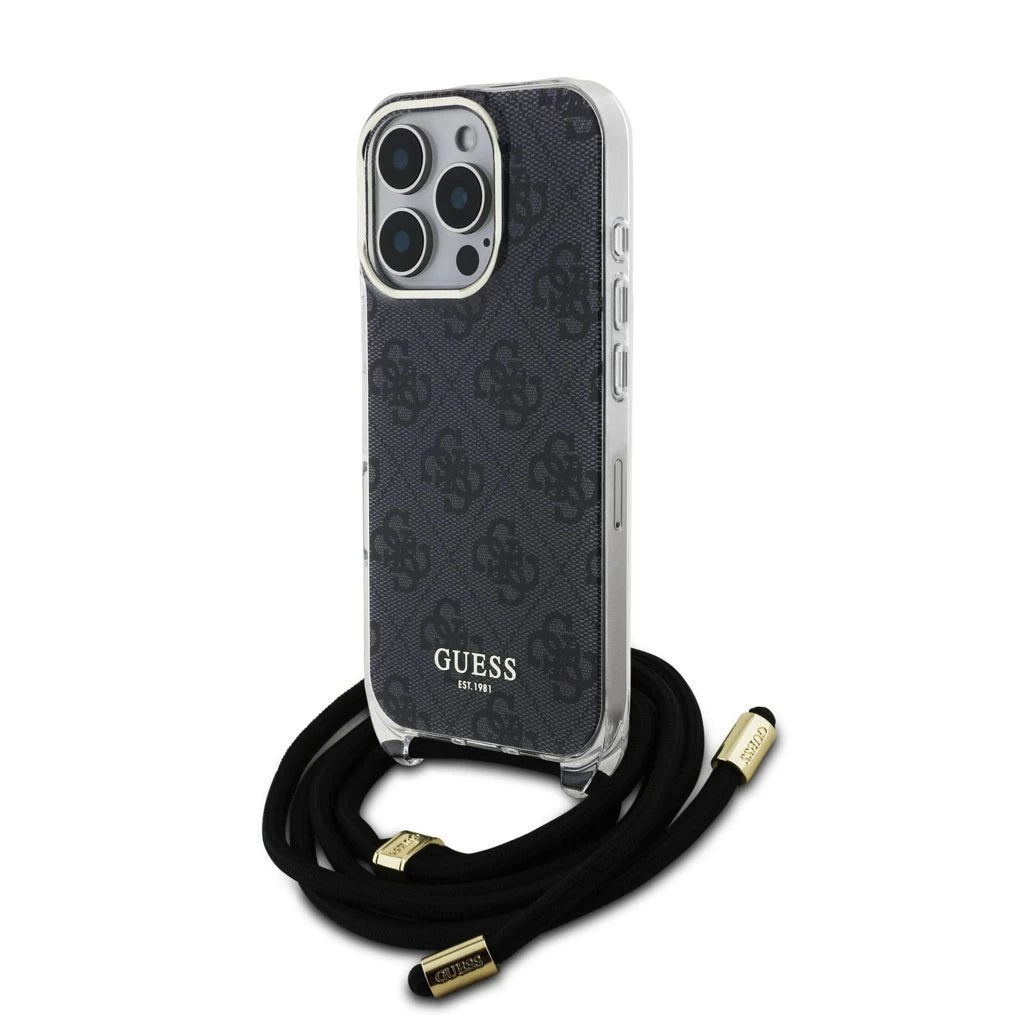 Guess IML 4G nyomtatott vállpántos tok iPhone 16 Pro készülékhez fekete - iPhone 16 Pro tok a Domshop kínálatából