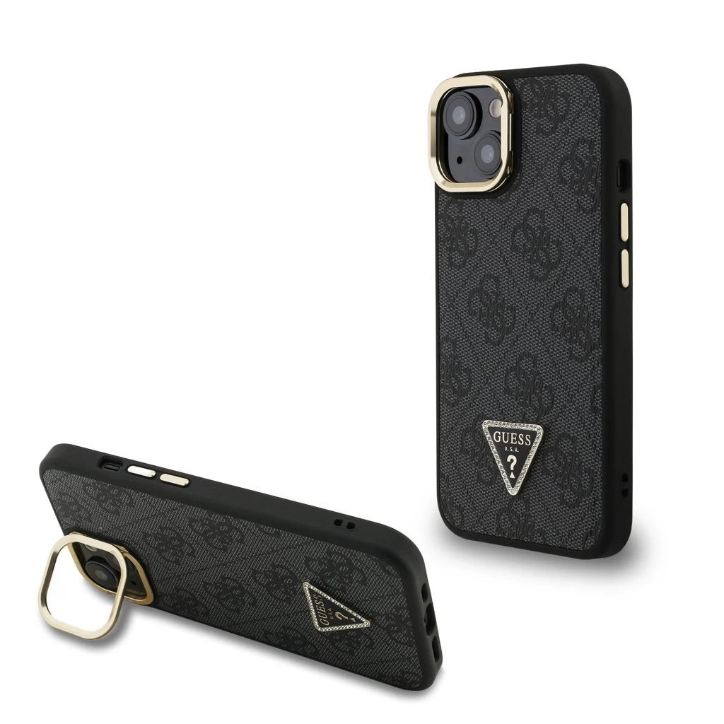 Guess PU 4G Strass Triangle Logo Stand Camera Frame MagSafe tok iPhone 13 készülékhez fekete - iPhone 13/14 tok a Domshop kínálatából