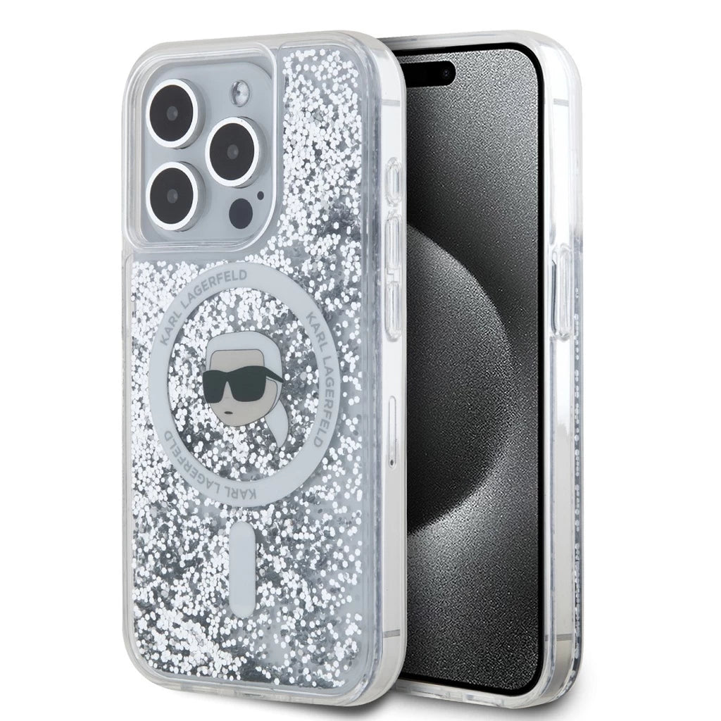Karl Lagerfeld Liquid Glitter Karl Head MagSafe tok iPhone 15 Pro Max készülékhez átlátszó