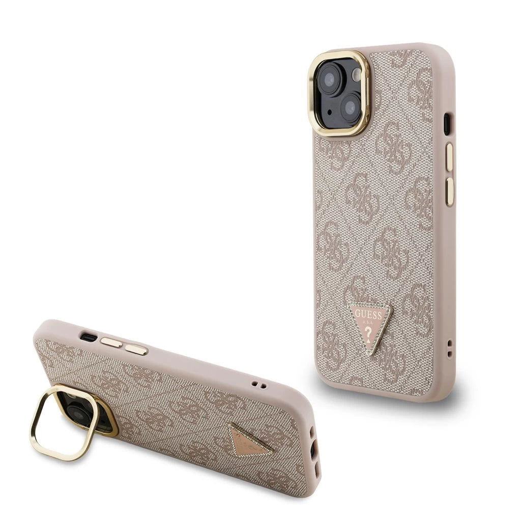 Guess PU 4G Strass Triangle Logo Stand Camera Frame MagSafe tok iPhone 14 készülékhez rózsaszín - iPhone 13/14 tok a Domshop kínálatából