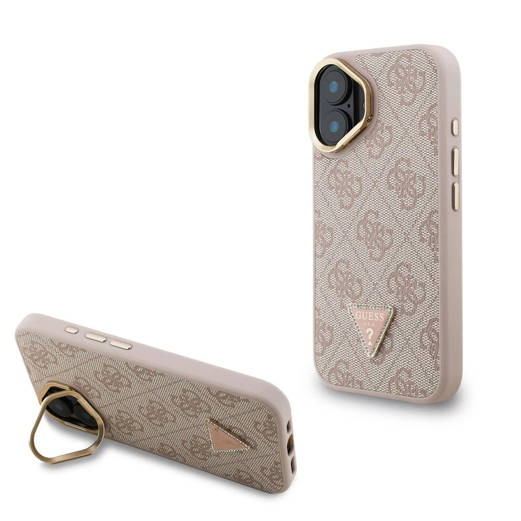 Guess PU 4G Strass Triangle Logo Stand Camera Frame MagSafe tok iPhone 16 készülékhez rózsaszín - iPhone 16 tok a Domshop kínálatából