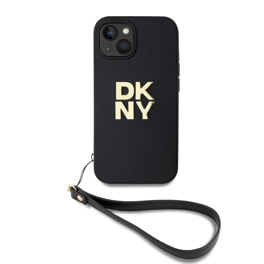 DKNY PU Leather Stack Logo csuklópántos tok iPhone 15 készülékhez fekete - iPhone 15 tok a Domshop kínálatából