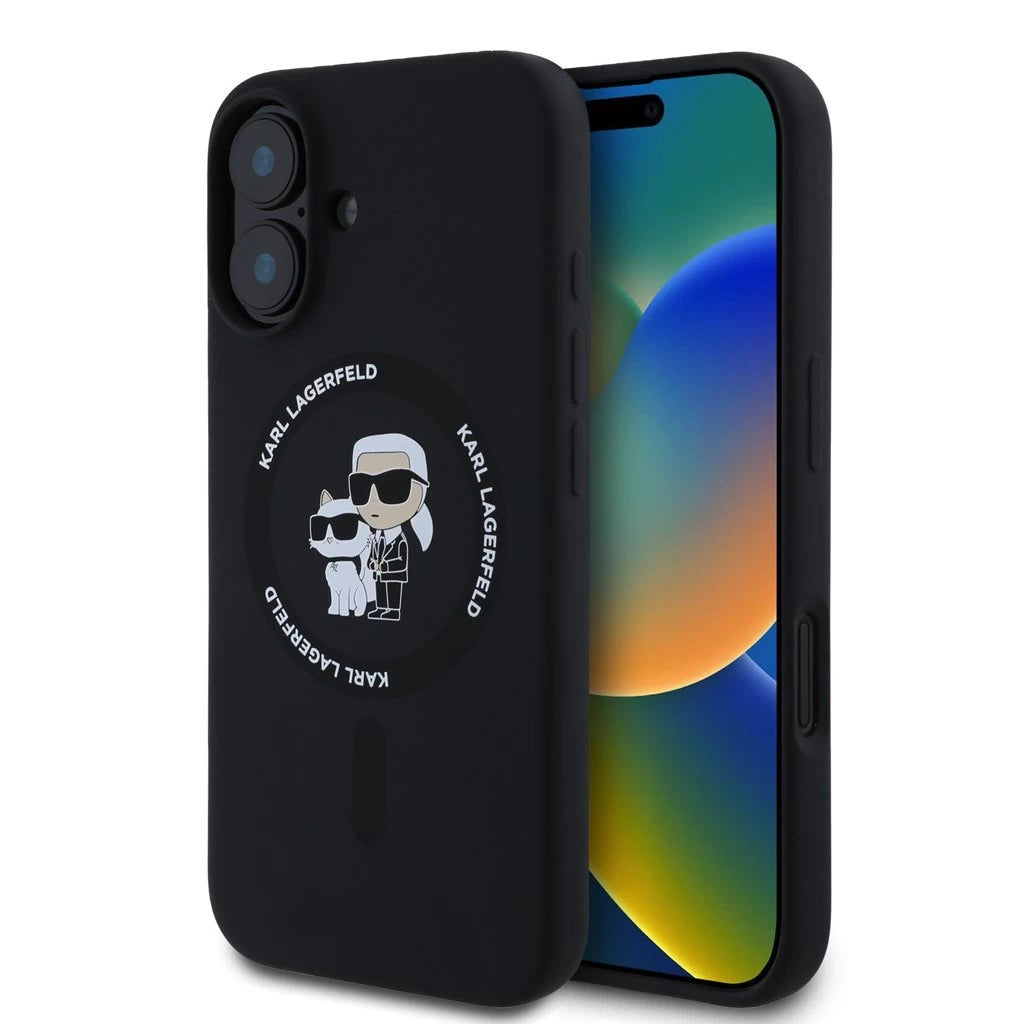 Karl Lagerfeld Liquid Silicone Karl and Choupette MagSafe tok iPhone 16 Plus készülékhez fekete - iPhone 16 Plus tok a Domshop kínálatából