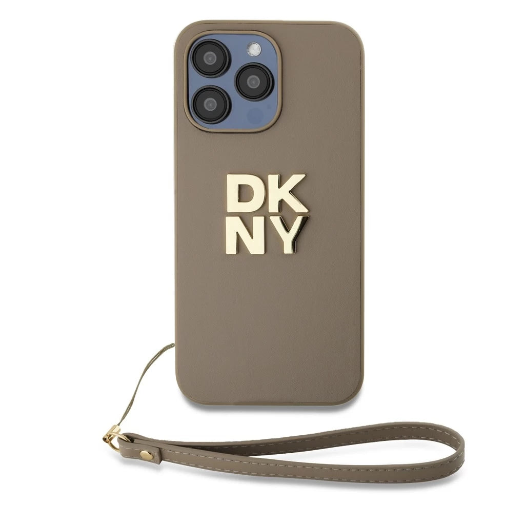 DKNY PU bőr Stack Logo csuklópántos tok iPhone 14 Pro Max készülékhez bézs - iPhone 14 Pro Max tok a Domshop kínálatából