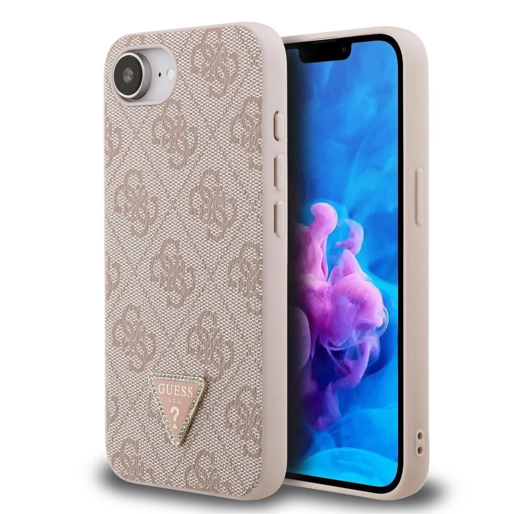 Guess PU 4G Strass Triangle Metal Logo tok iPhone 16e készülékhez rózsaszín - iPhone 16e tok a Domshop kínálatából